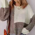 Dark khaki drop shoulder loose sweater with colour block design and a back tie.