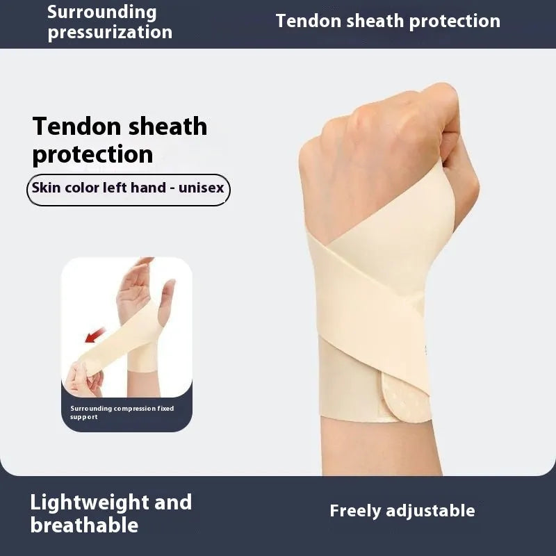 Adjustable black athletic wristguard shown on a wrist, demonstrating its thin, breathable design for sports.