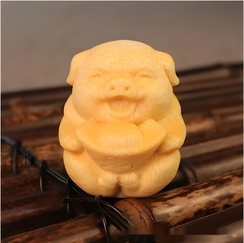 Solid bamboo carving ornament with cute pig design measuring 4cm tall by 3.5cm diameter
