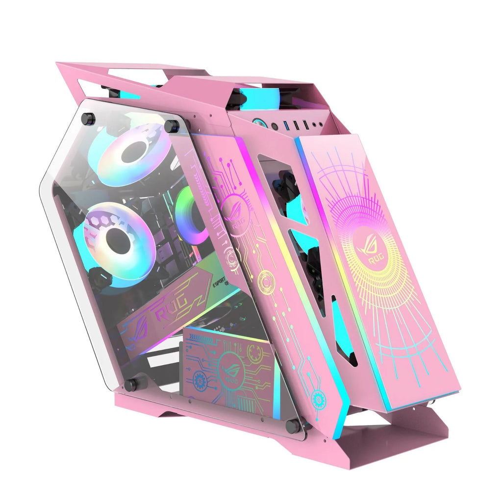 Special-shaped table computer case in bare metal finish with internal RGB fan lighting visible