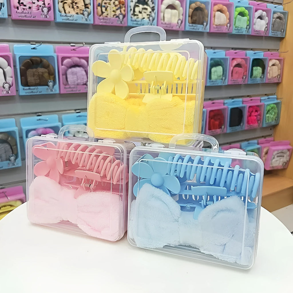 16 bow-shaped plaid washing face hair bands in multiple colours with a wrist strap on a white background
