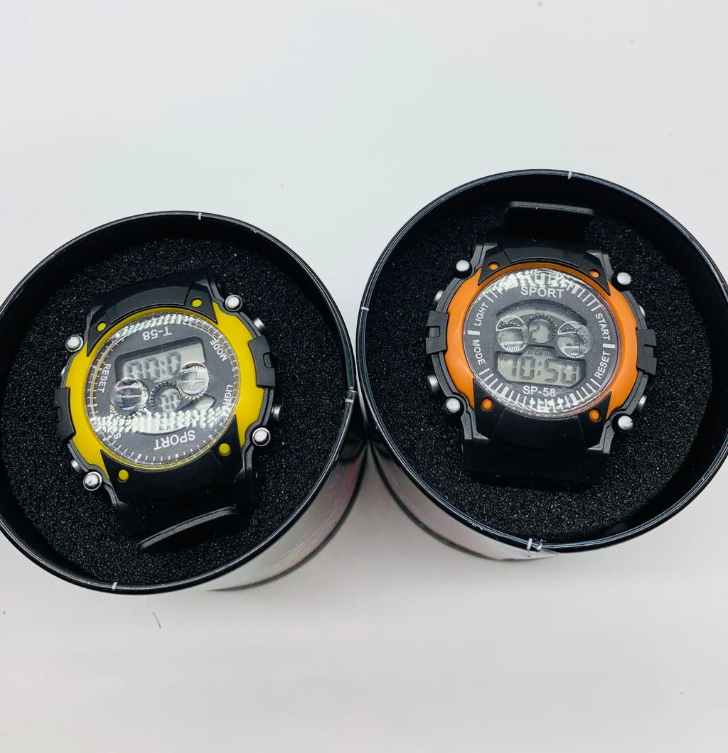 Children's digital sports watch with silicone strap and plastic case, showing digital display.