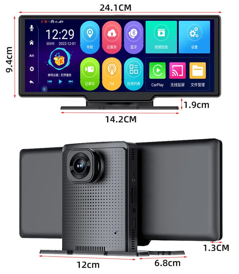 10-inch dashboard driving recorder with wireless projection screen showing GPS navigation display