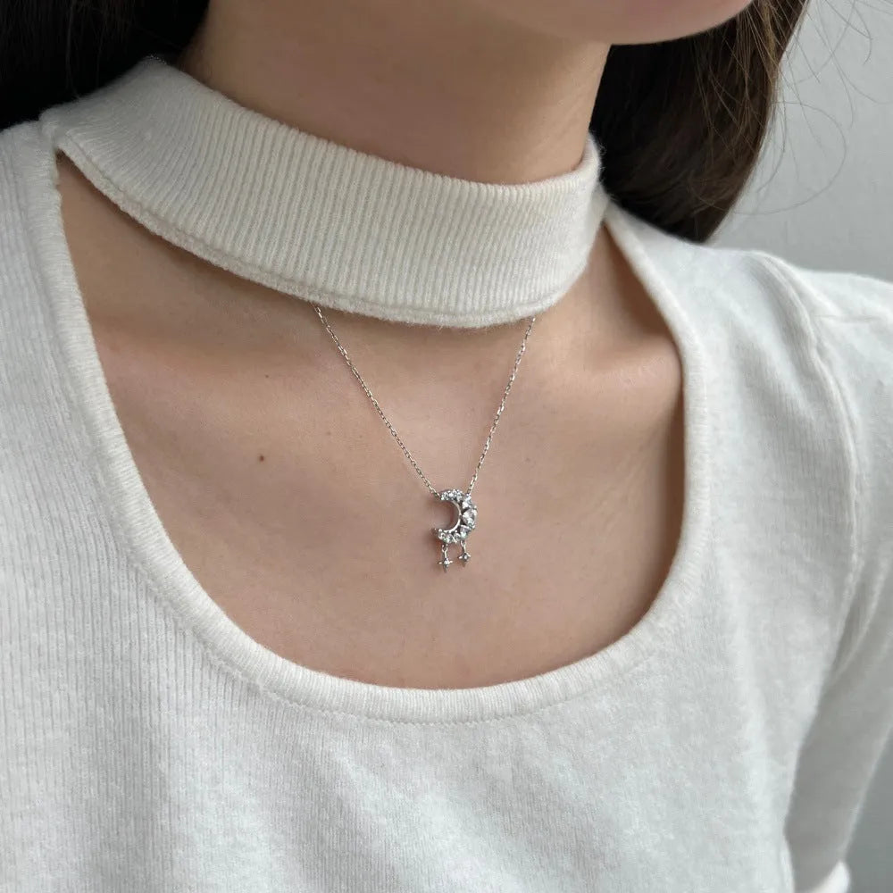 925 silver necklace with moon hollow heart pendant and tassel, gold electroplated finish on clavicle chain