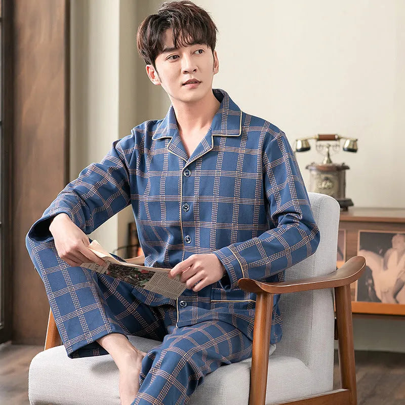 Cotton cardigan pajama set for middle-aged men, long sleeves, casual style, five colour options, sizes M to XXXXL