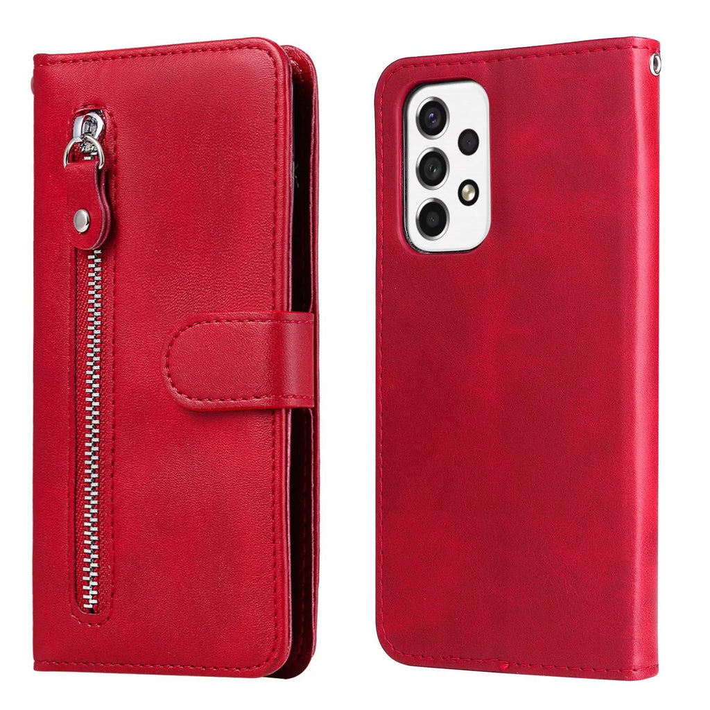 Samsung flip phone case with zipper wallet and card holder in PU leather, black colour, front view