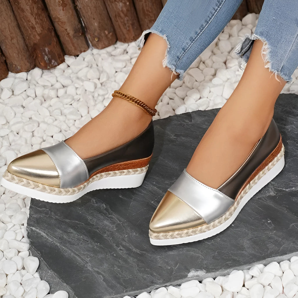 Pointed toe wedge pump with thick hemp rope bottom, multicolor finish, and rubber sole