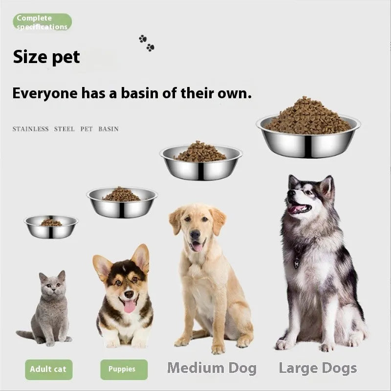 Stainless steel pet bowl with non-slip base, shown in one of five available sizes for dogs and cats.