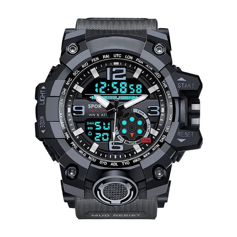 Men's waterproof sports watch with dual display, round dial, black resin case and PU strap