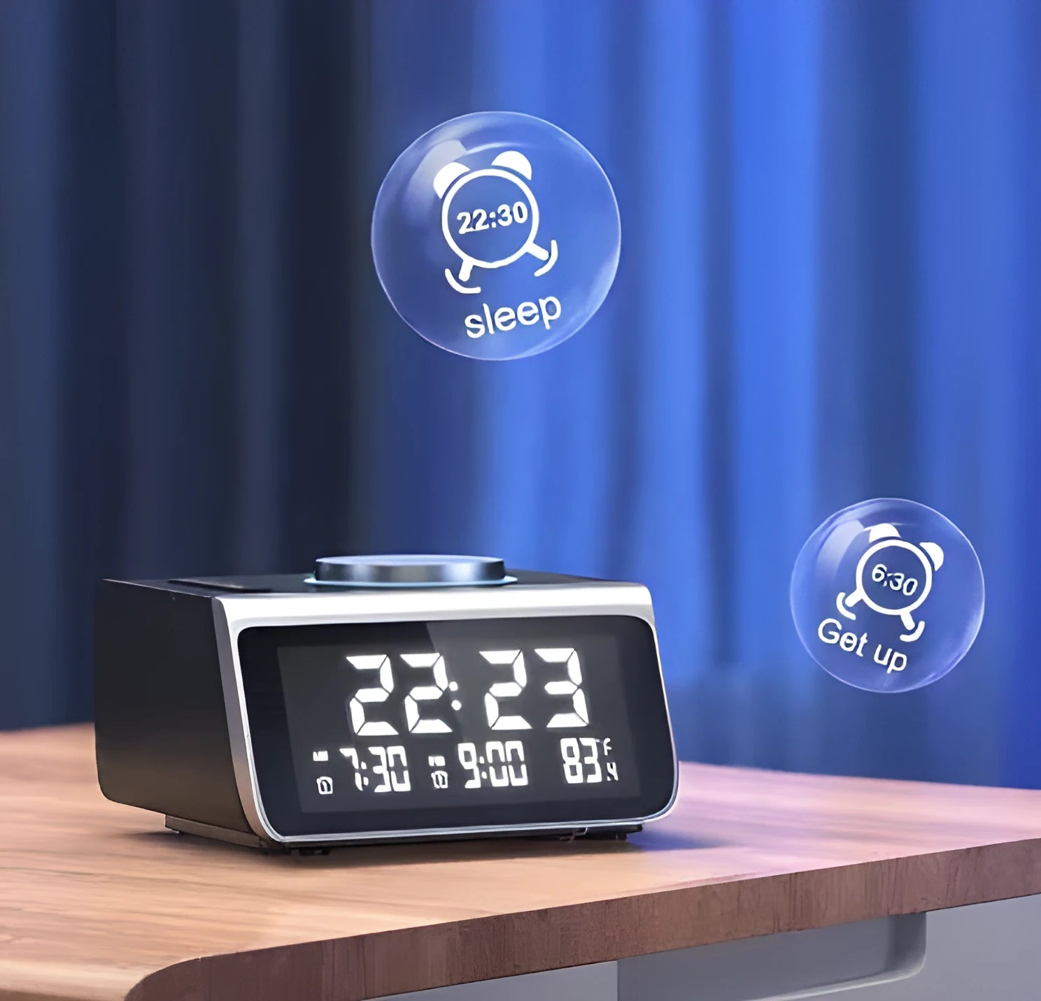 FM radio alarm clock with USB charging port and 3-inch digital display on a bedside table