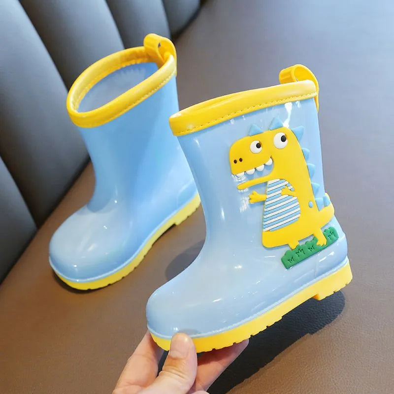 Children's non-slip low-top rain boots with dinosaur pattern in blue, pink, and yellow, PVC material, inner lengths 14-20cm