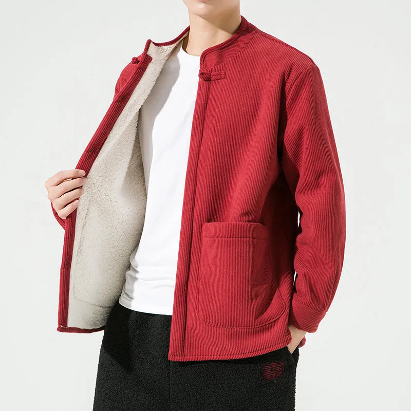 Men's hanfu stand collar cardigan jacket in black corduroy fleece with buckle front