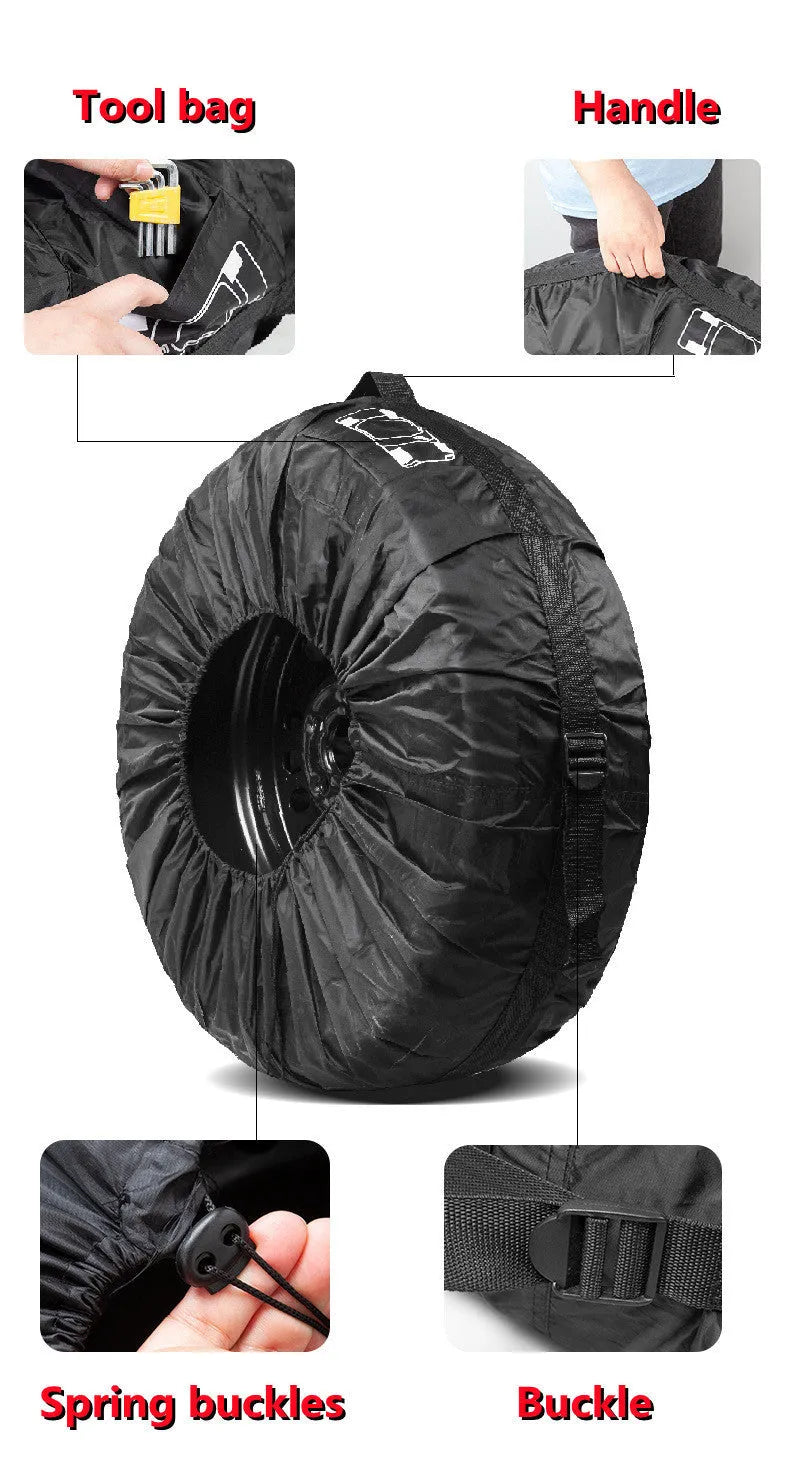 Four black Oxford cloth polyester tyre protective covers laid flat, showing their circular shape.