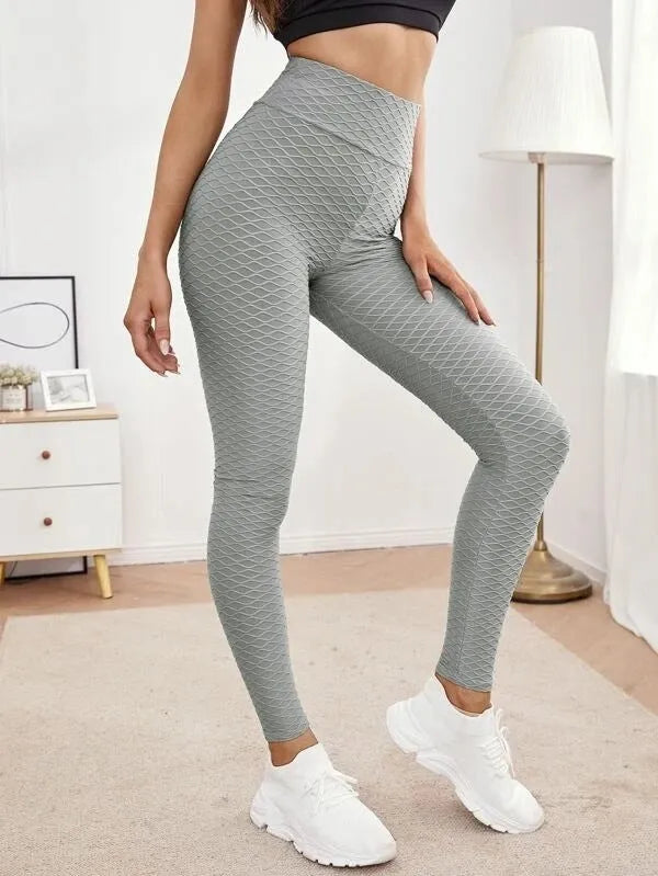 Women's jacquard high waist stretch fitness pants in black, tight fit, with elastic waistband, for running and yoga