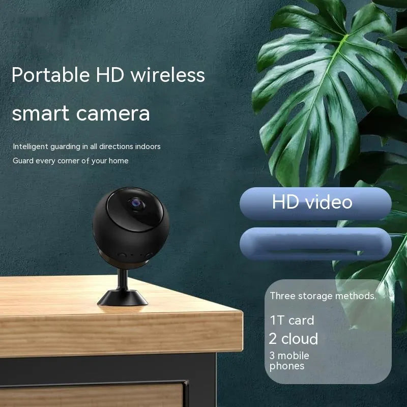 1080p wireless WiFi security camera with ABS housing and USB cable on a white background.