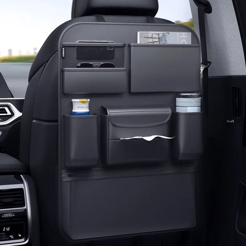 Black leather car seat back hanging storage bag with handle for vehicle organisation