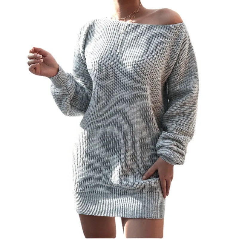 Women's off-shoulder knitted dress with lantern sleeves in solid colour options