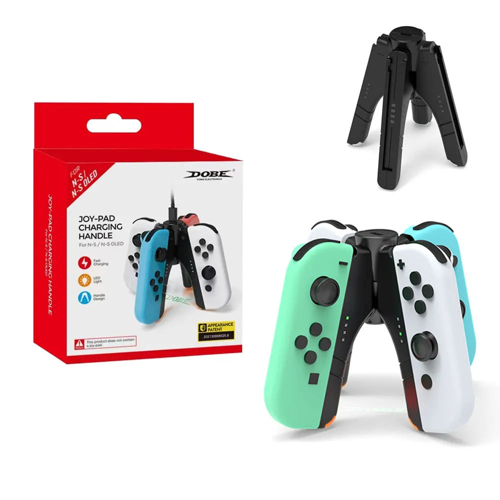 Black four-in-one charger holder for Switch, attached to handle ends with Type-C interface.