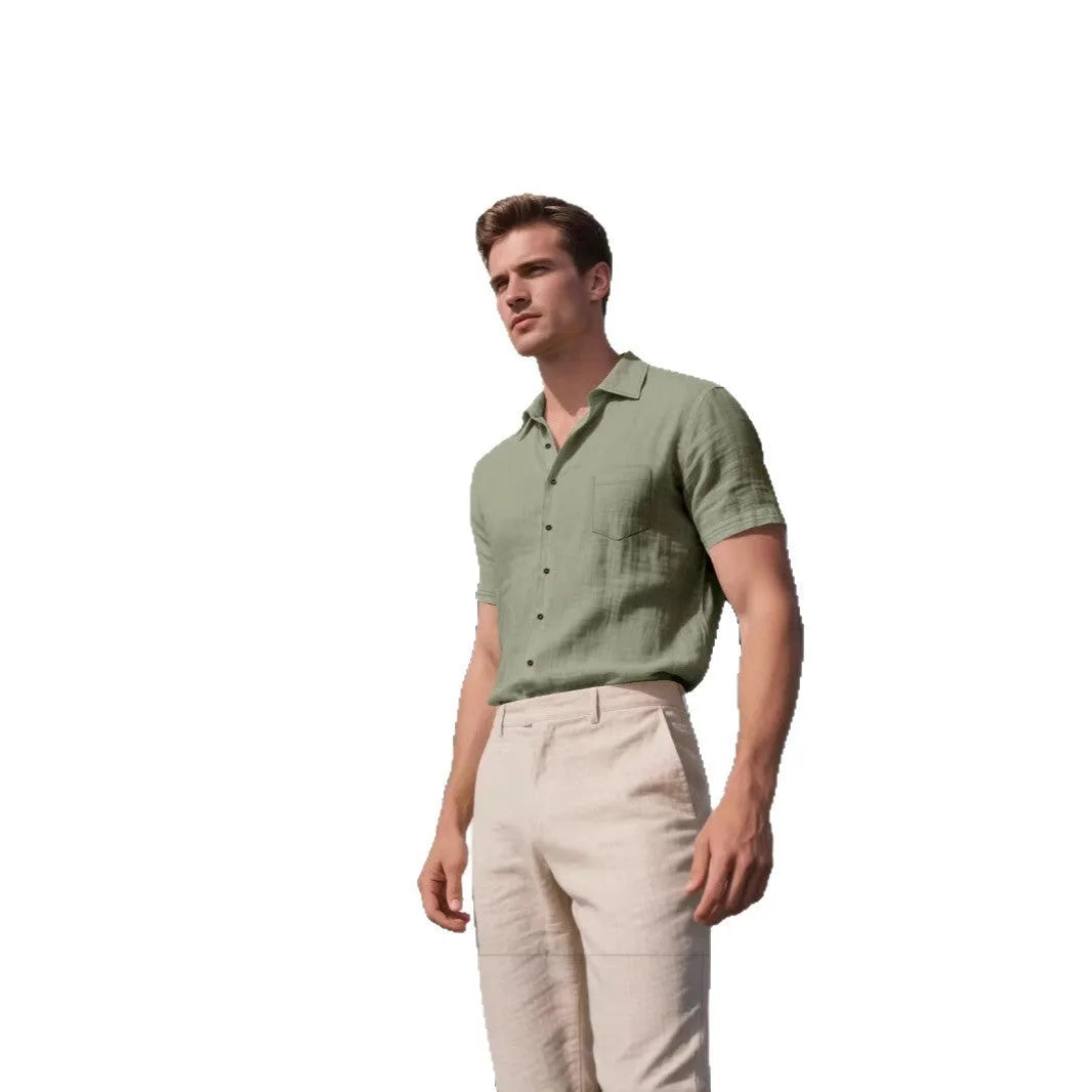 Men's cotton blend short-sleeved cardigan shirt in solid colour, loose fit casual style