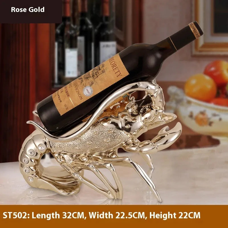 Lobster-shaped wine rack ornament in metallic rose gold or elegant silver colour