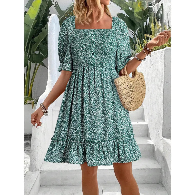 Women's printed puff sleeve backless dress in blue with lace-up and patchwork details, mid-length polyester dress