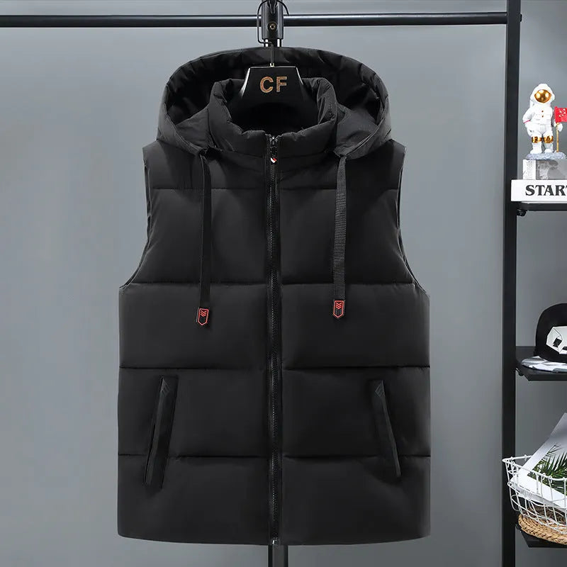 Men's black thickened polyester vest with a removable hood on a hanger.