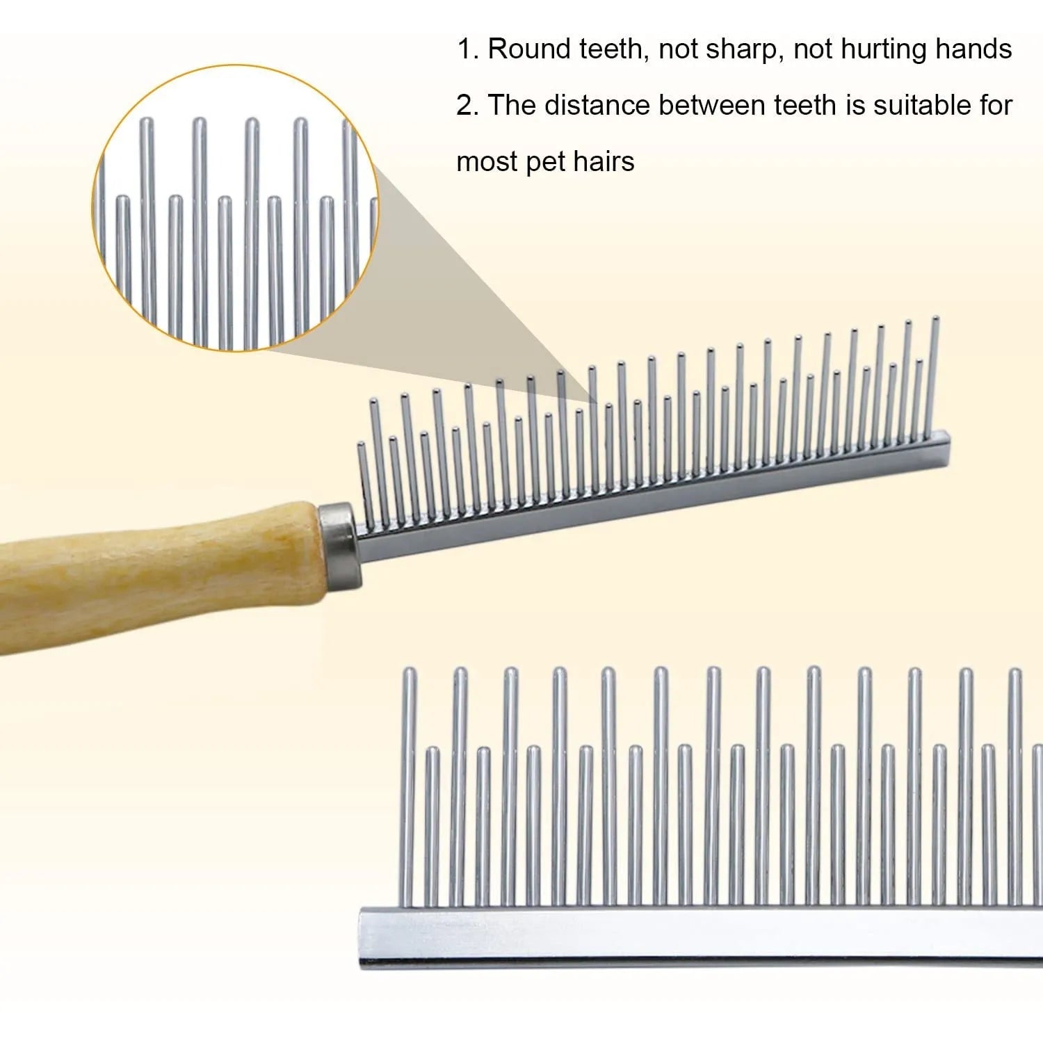 Wooden handle pet grooming comb for dogs and cats on a white background.
