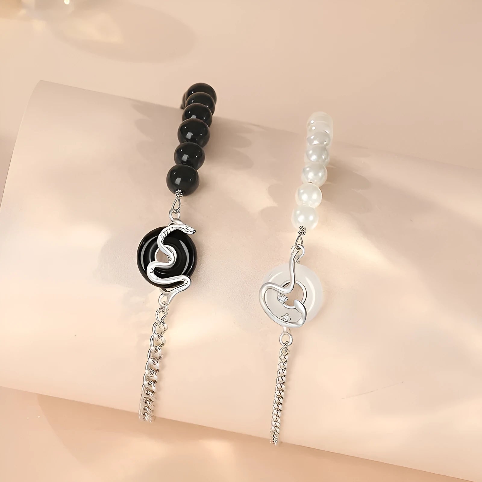 925 sterling silver bracelet with snake zodiac motif, obsidian pearl, and safe buckle in New Chinese style