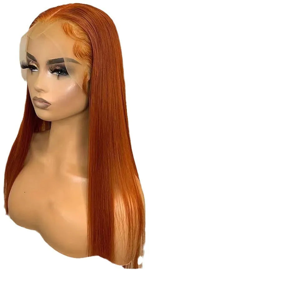 Front lace wig in orange with straight hair and side bangs, available in 12 to 32 inch lengths, high temperature fibre