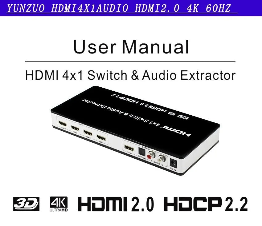 Black 4x1 HDMI switch with remote control for 4K video switching and audio extraction