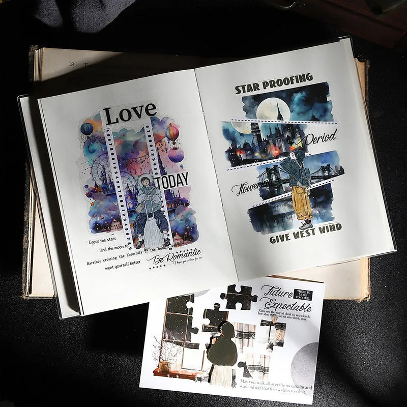 PET large night view sticker set with 6 retro printed scenes on a clear background, approximately 110x156mm each