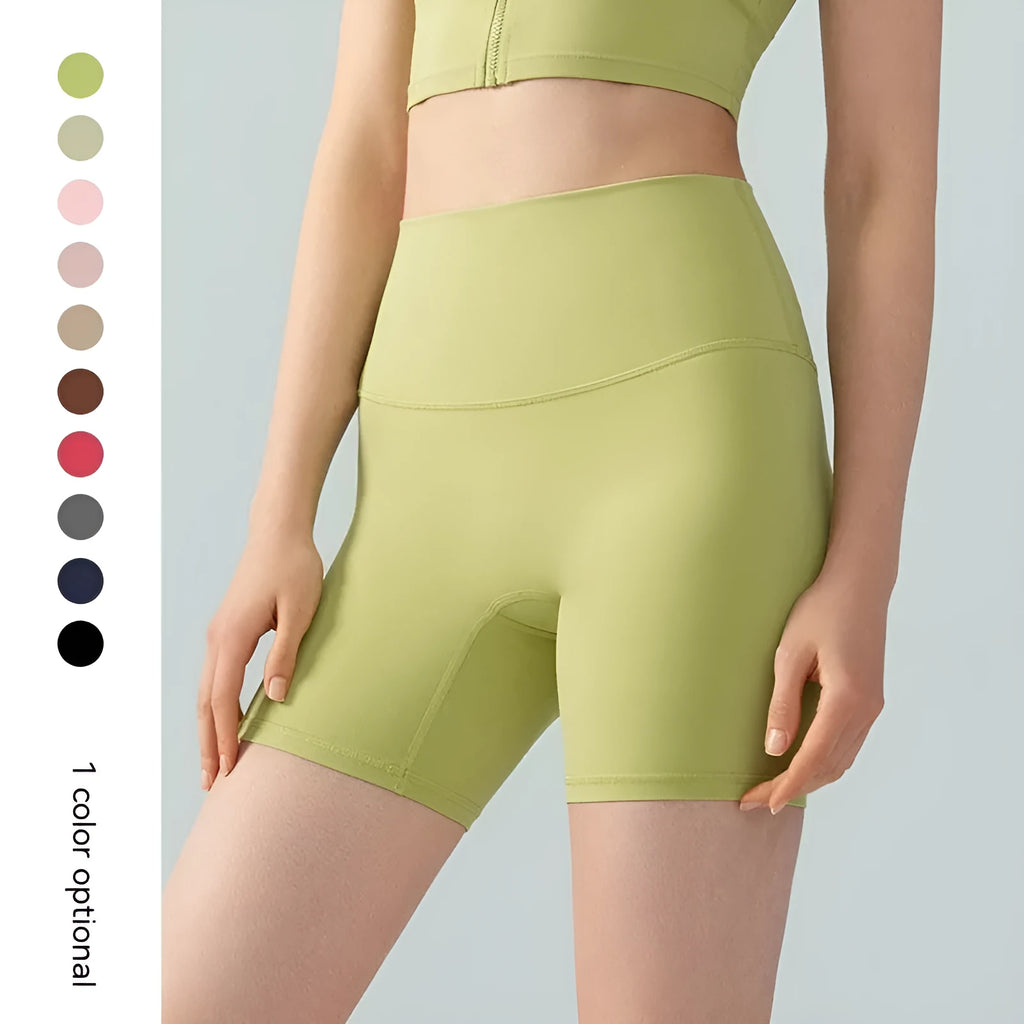 Women's Lycra yoga shorts in leaf green with high elastic waistband and short length for summer fitness