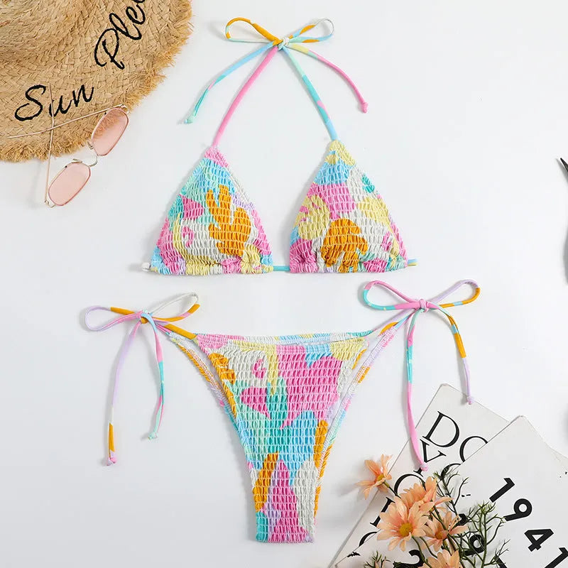 Women's multicolour floral printed triangle bikini with smocking detail and brief bottoms