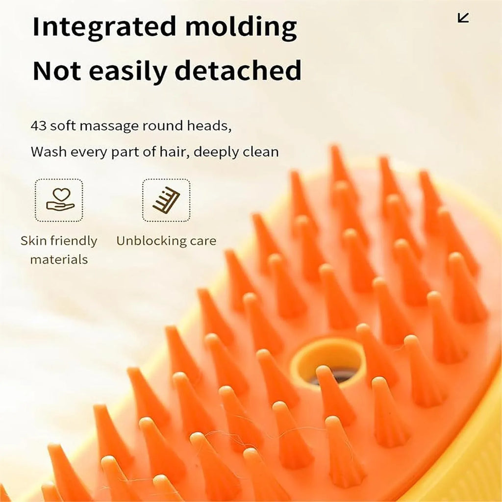 Rechargeable cat steam brush in green or yellow with silicone massage bristles and detangling teeth