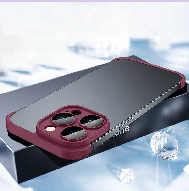 Corner pad TPU iPhone case with glass lens film in dark purple, black, red, and blue colour options