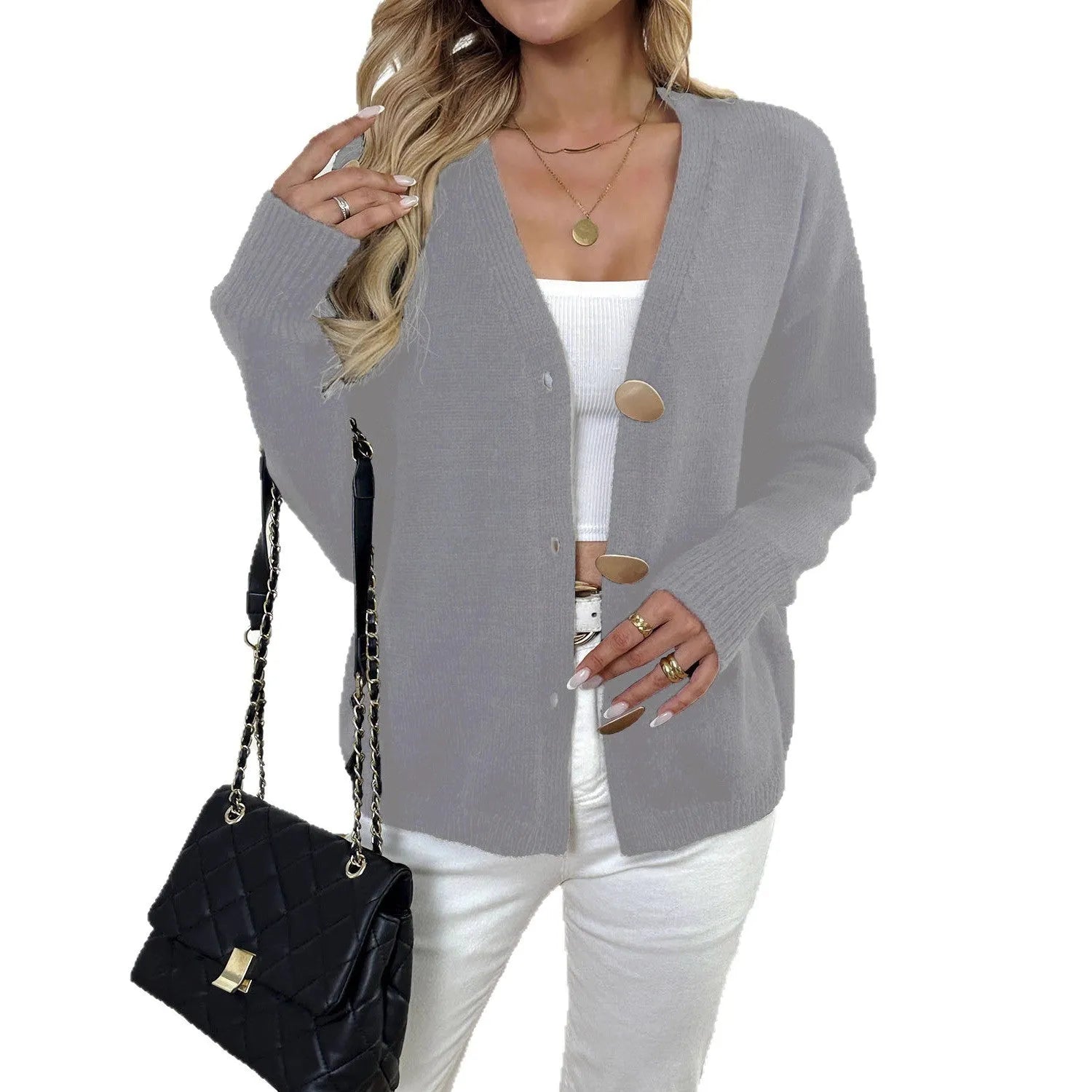 Women's deer plush long sleeve sweater coat in street hipster style with princess sleeves, shown in black and gray.