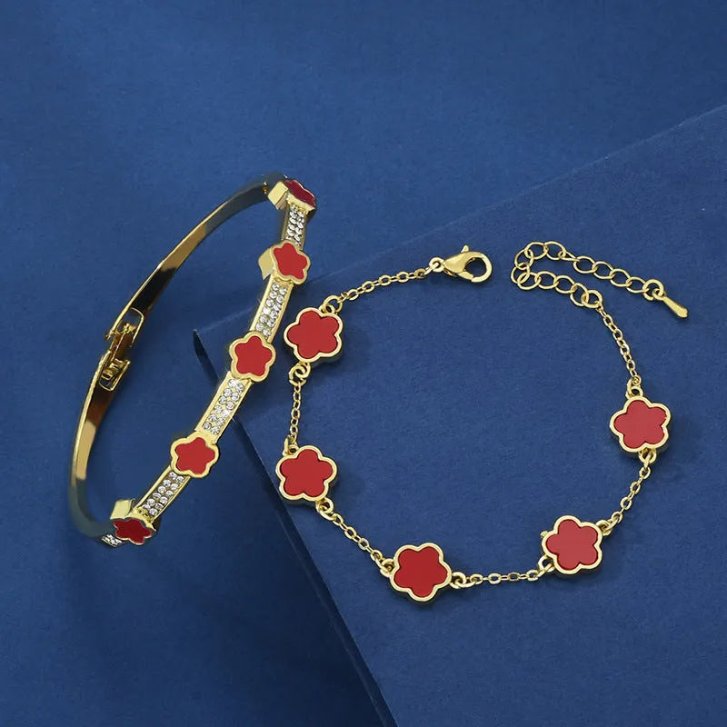 Five petal flower lace bracelet set in copper with electroplated finish, white TZ-809 colour, two bracelets