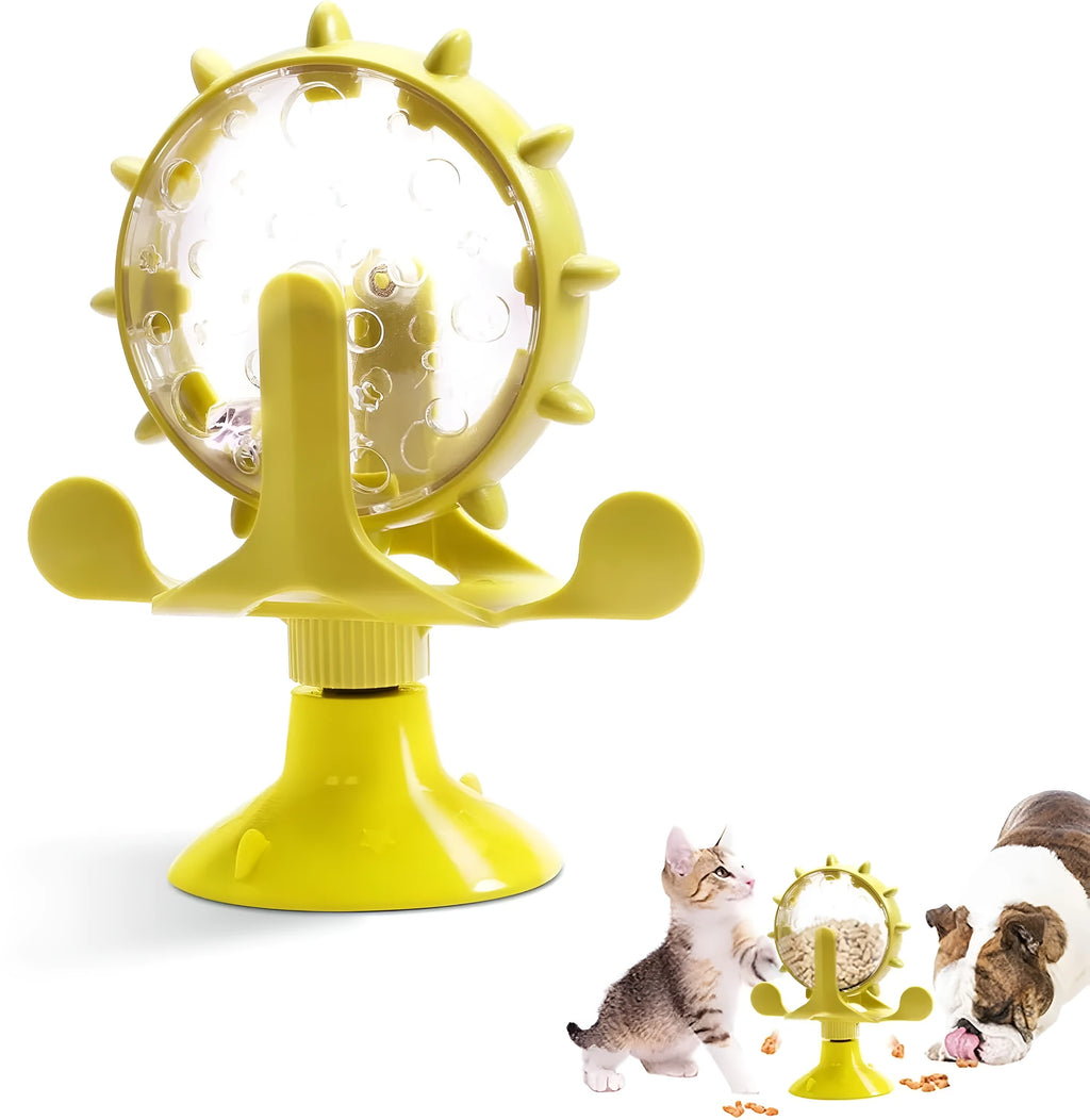 Blue interactive pet puzzle feeder toy with rotating spinner and suction cup base