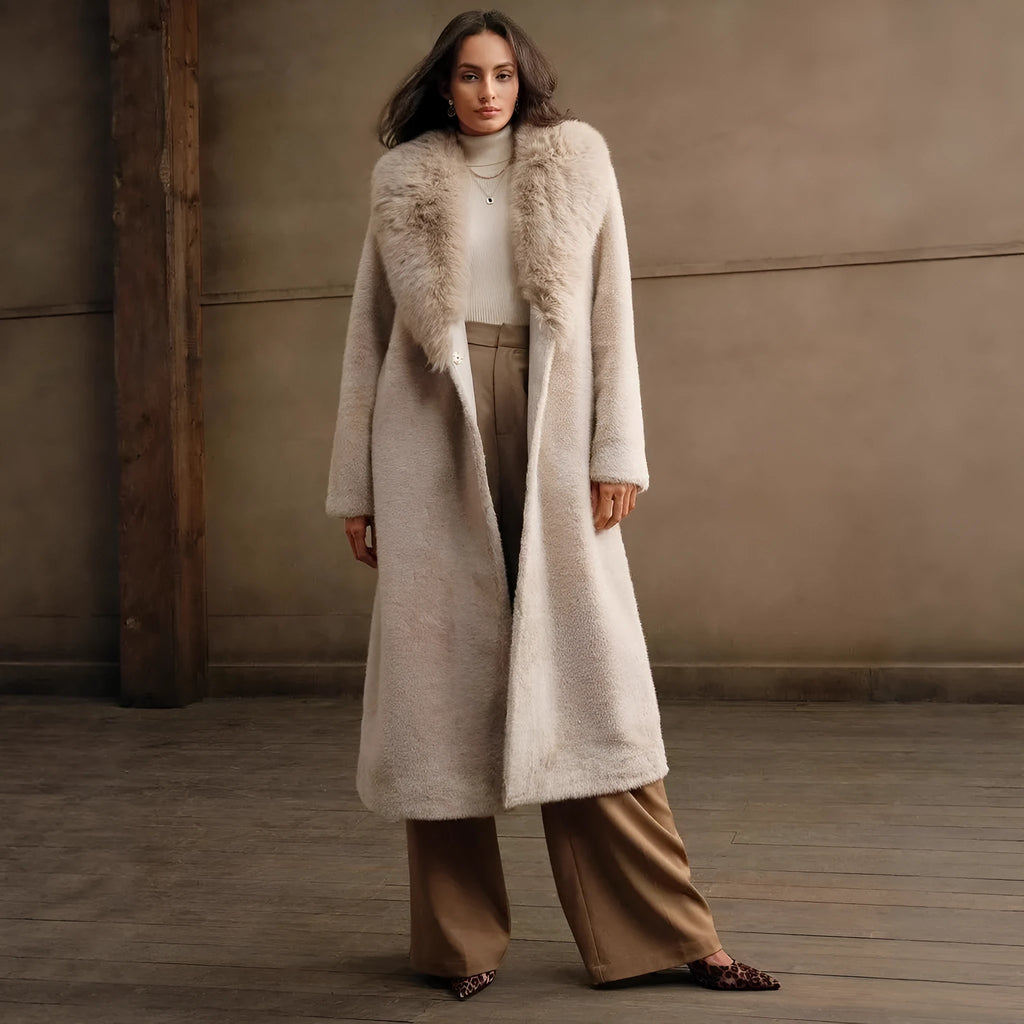 Women's longline faux fur coat in wine red or camel colour, 100cm length