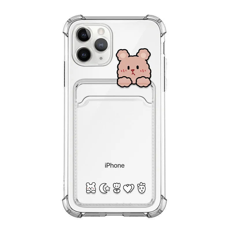 Cartoon design transparent TPU phone case with card slot for Apple iPhone
