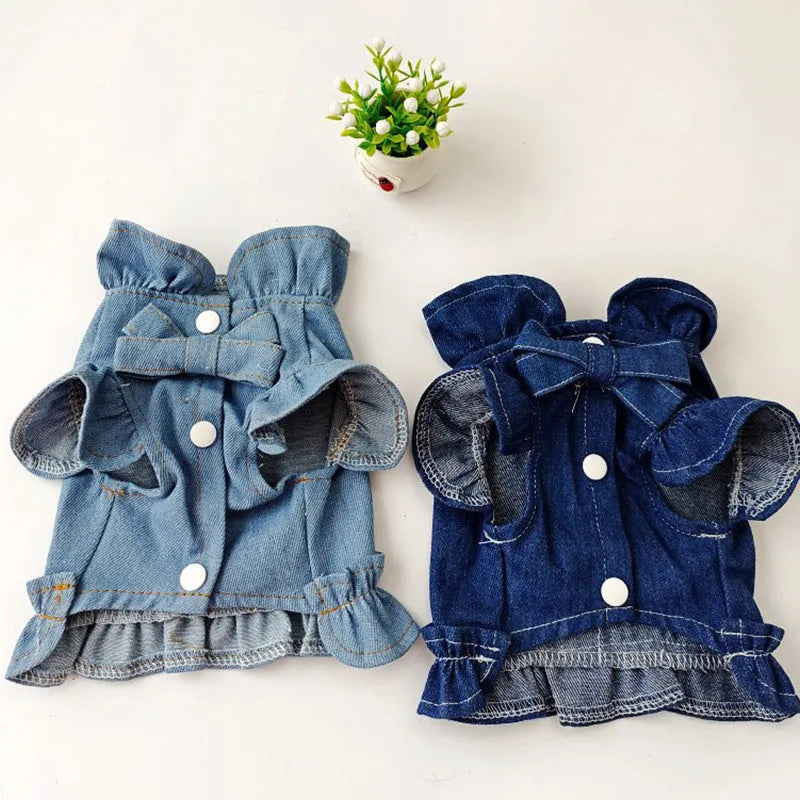 Blue denim pet dress with ruffles and integrated vest harness for dogs or cats