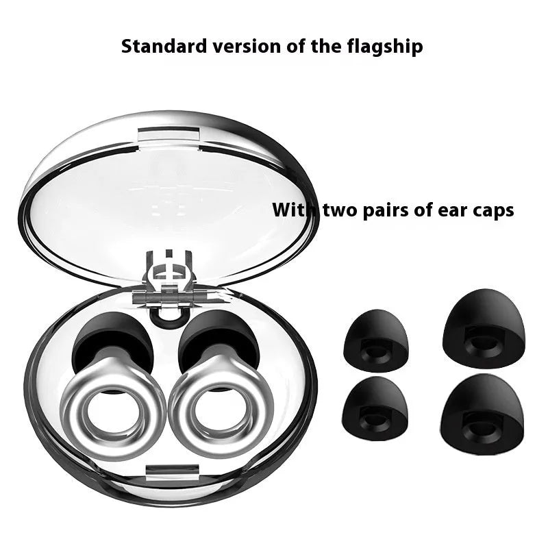Set of silicone noise reduction earplugs in multiple colours with a storage box and spare ear caps.