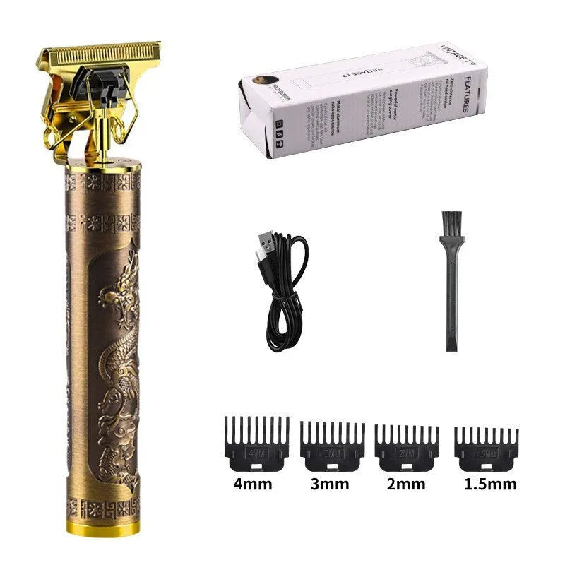 Rechargeable cordless fashion hair clipper set with USB cable, four limit combs, and washable blade
