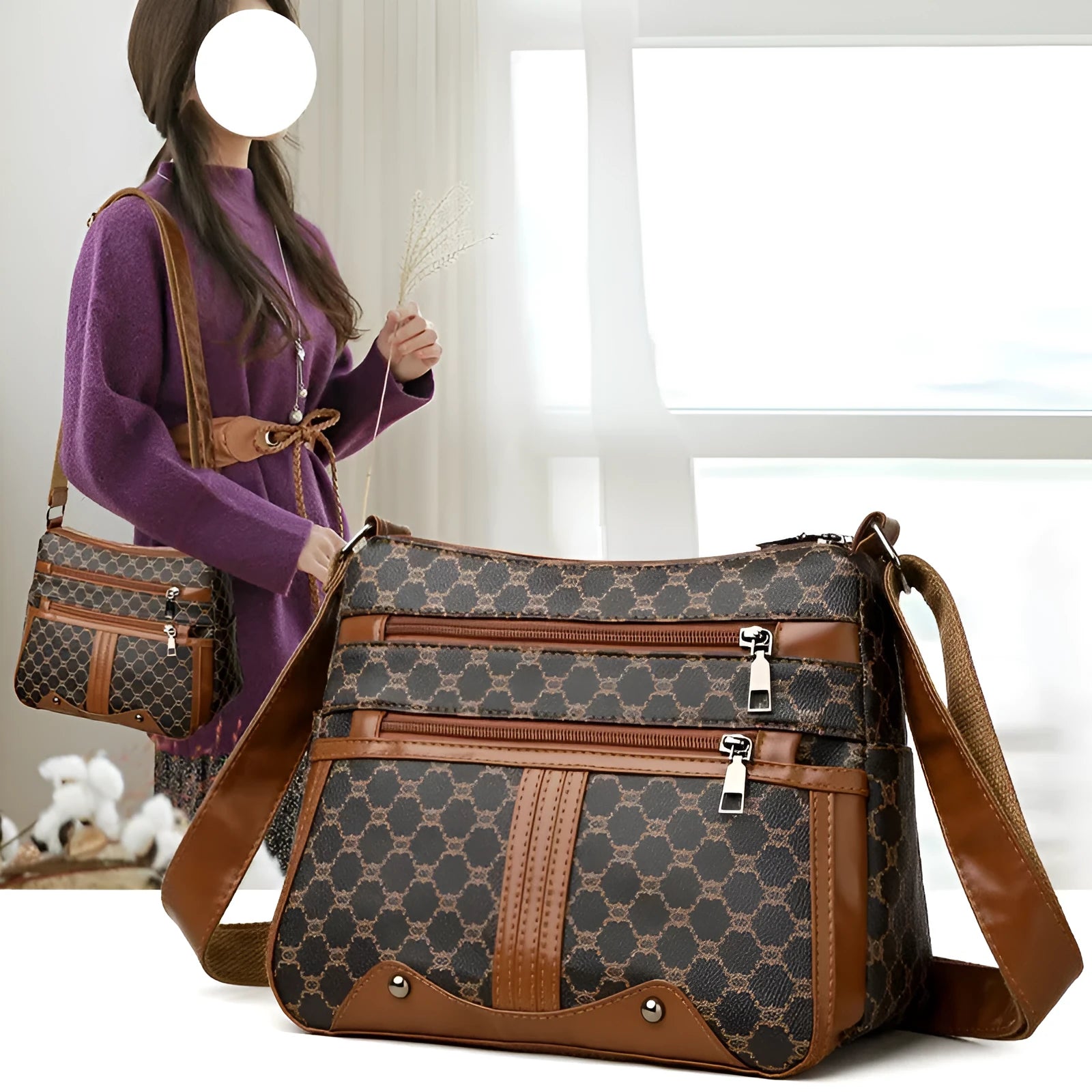 Brown stitching pattern crossbody bag with adjustable strap and polyester lining