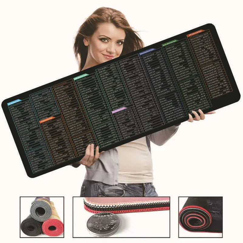 Super large office mouse mat with printed English keyboard shortcut keys and calculator on natural rubber base