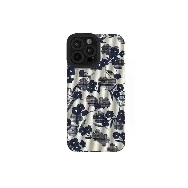 Silicone iPhone case with Chinese-style geometric metal-stamped design on imitation leather