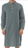 Men's cotton shirt robe with multiple pockets shown in available colours with shirt-style closure