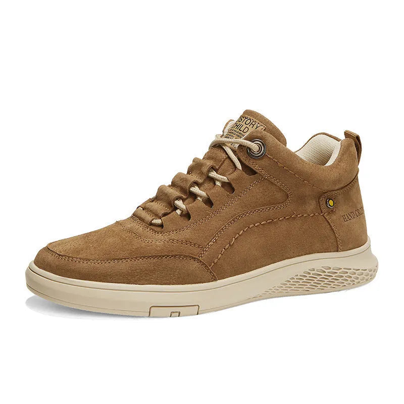 Men's leather sneakers in brown with cowhide upper, round toe, front laces, and low heel