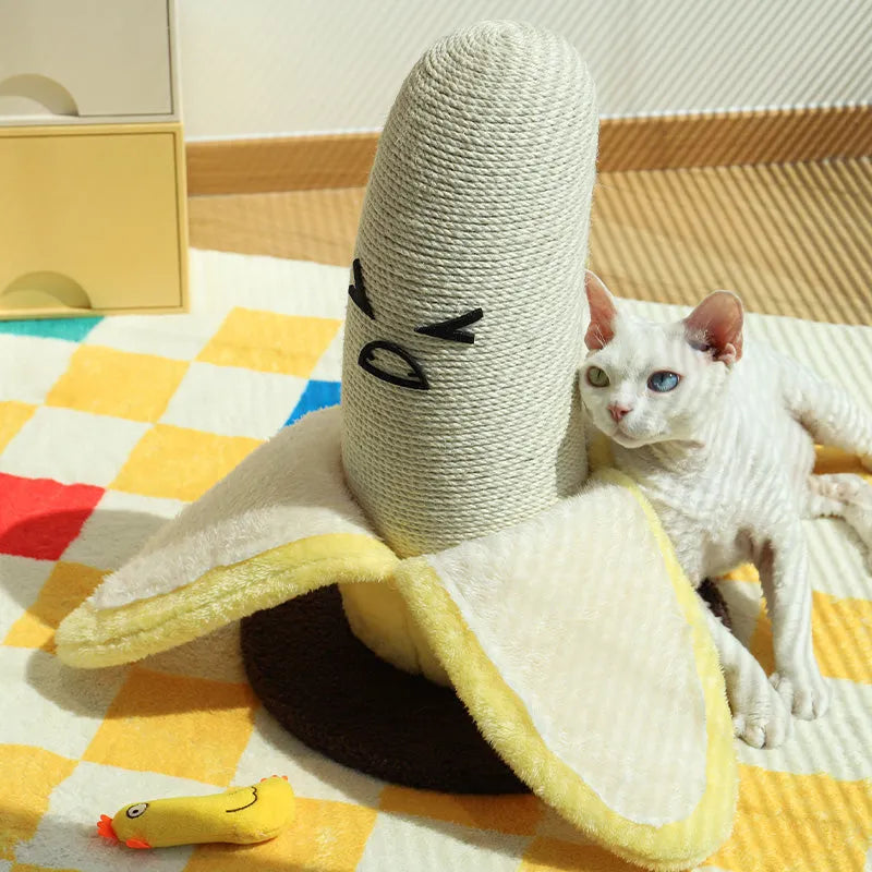 Large banana-shaped vertical sisal scratching pole for cats in yellow colour