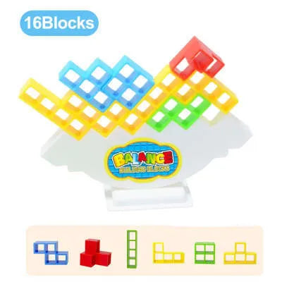 Plastic balance stacking board game with 16 coloured blocks, chassis, and base on a 26.5cm square box.